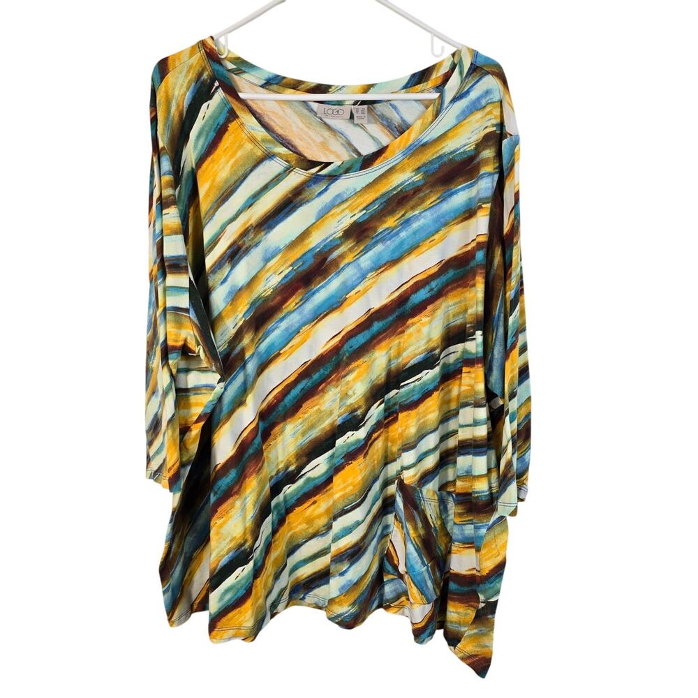 LOGO Lori Goldstein Tory Blouse Women's 5X Yellow Blue Diagonal Jersey Casual